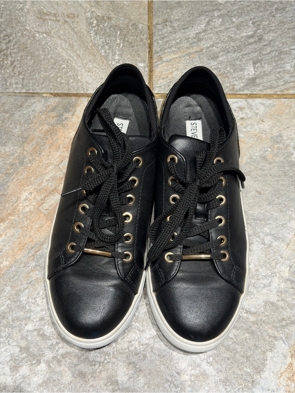 Steve Madden Black Leather Low-Top Sneakers with Gold Eyelets